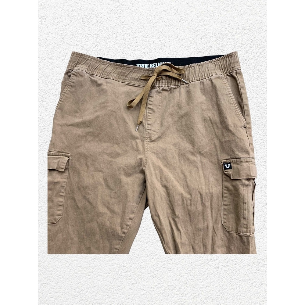 TRUE RELIGION‎ Cargo Jogger Pants Tan Elastic Waist Drawstring Logo Mens XL